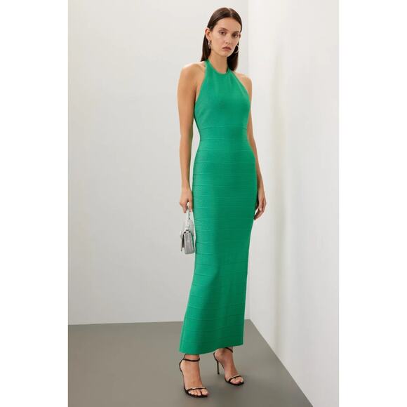 HERVE LEGER Kelly Green Halter Bandage Maxi Dress Gown Bodycon Size XL, Rt $1100 - Picture 1 of 15